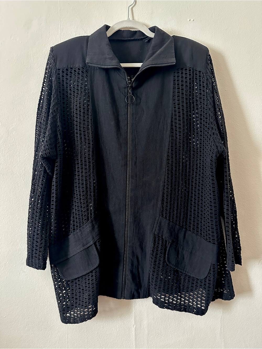 Vintage Black Crocheted Mesh Zip-Front Utility Jacket